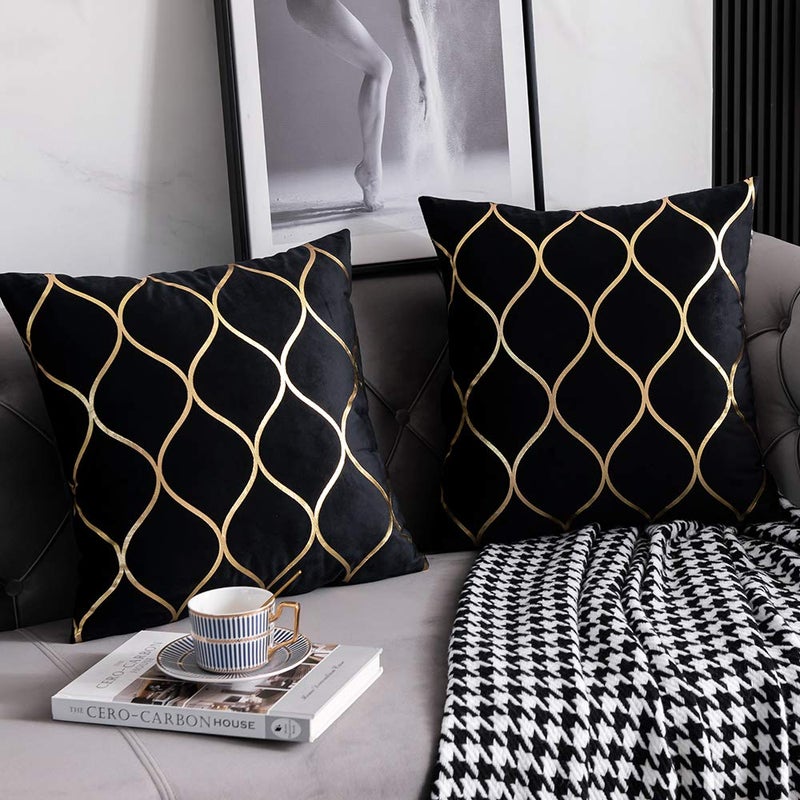 DEZENE 20x20 Inch Gold Velvet Throw Pillow Covers: 2 Pack Square Decorative Pillow Cases for Bedroom Sofa Couch Living Room, Black - Image 3